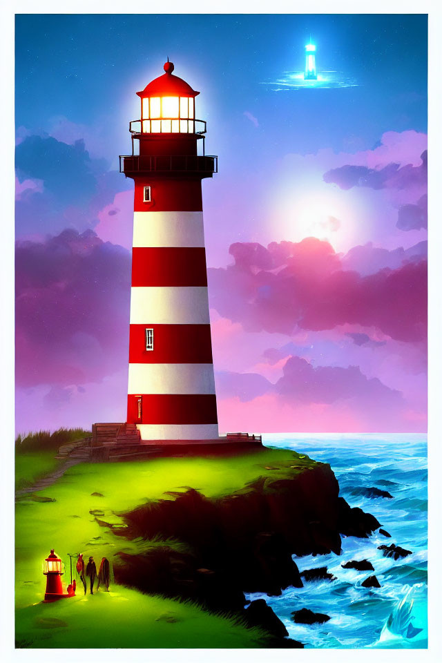 Illustration of red and white striped lighthouse on cliff by serene sea under moonlit sky