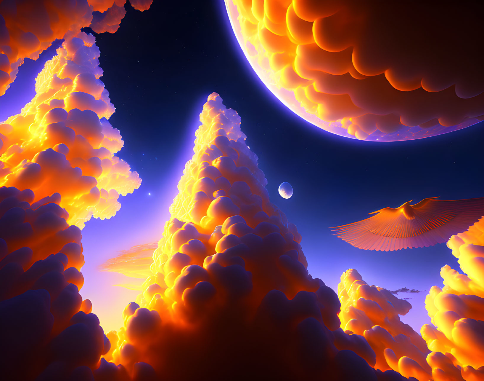 Surreal sci-fi scene: orange clouds, giant planet, moon, bird-like creature