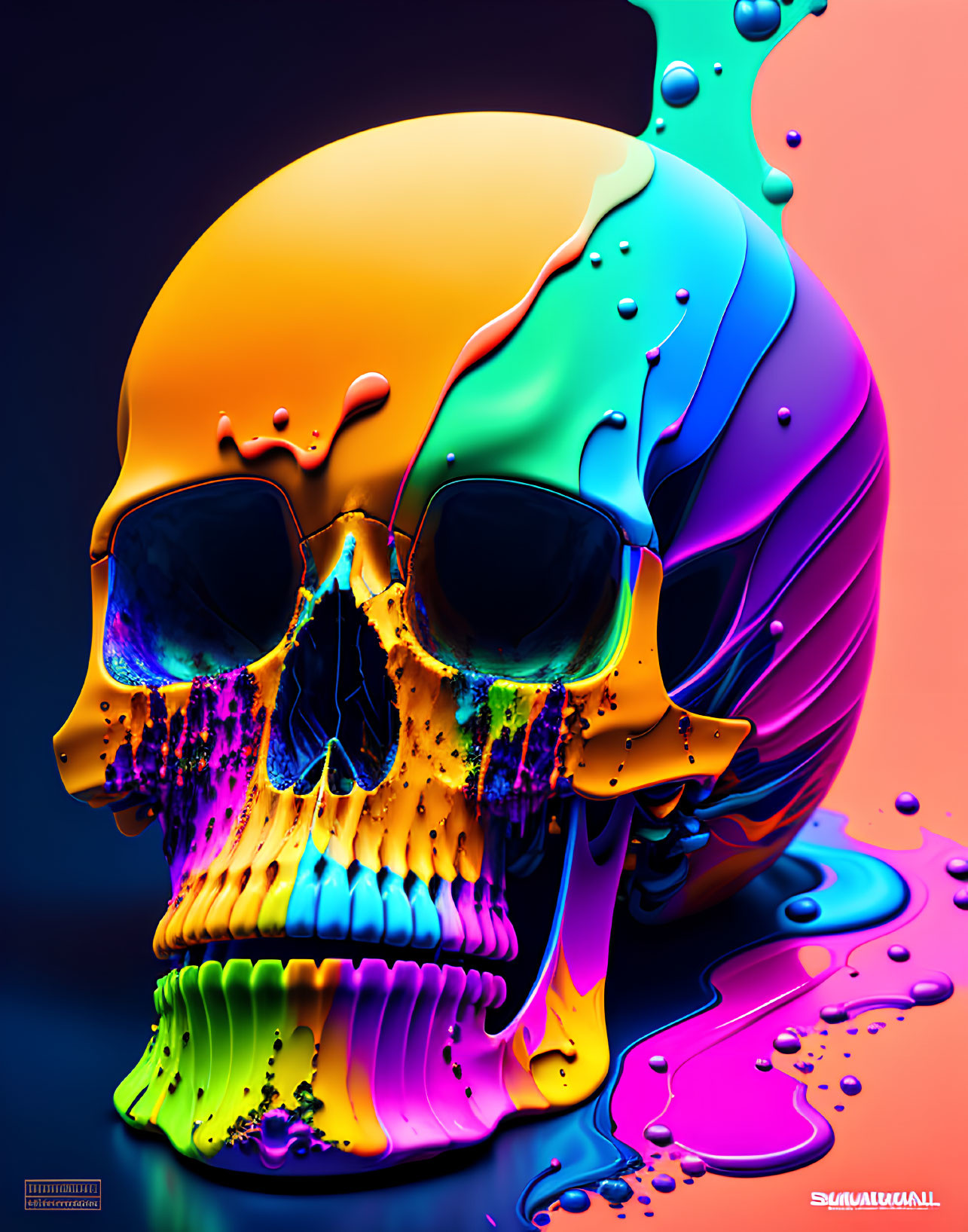 Colorful neon paint drips on skull against dark background