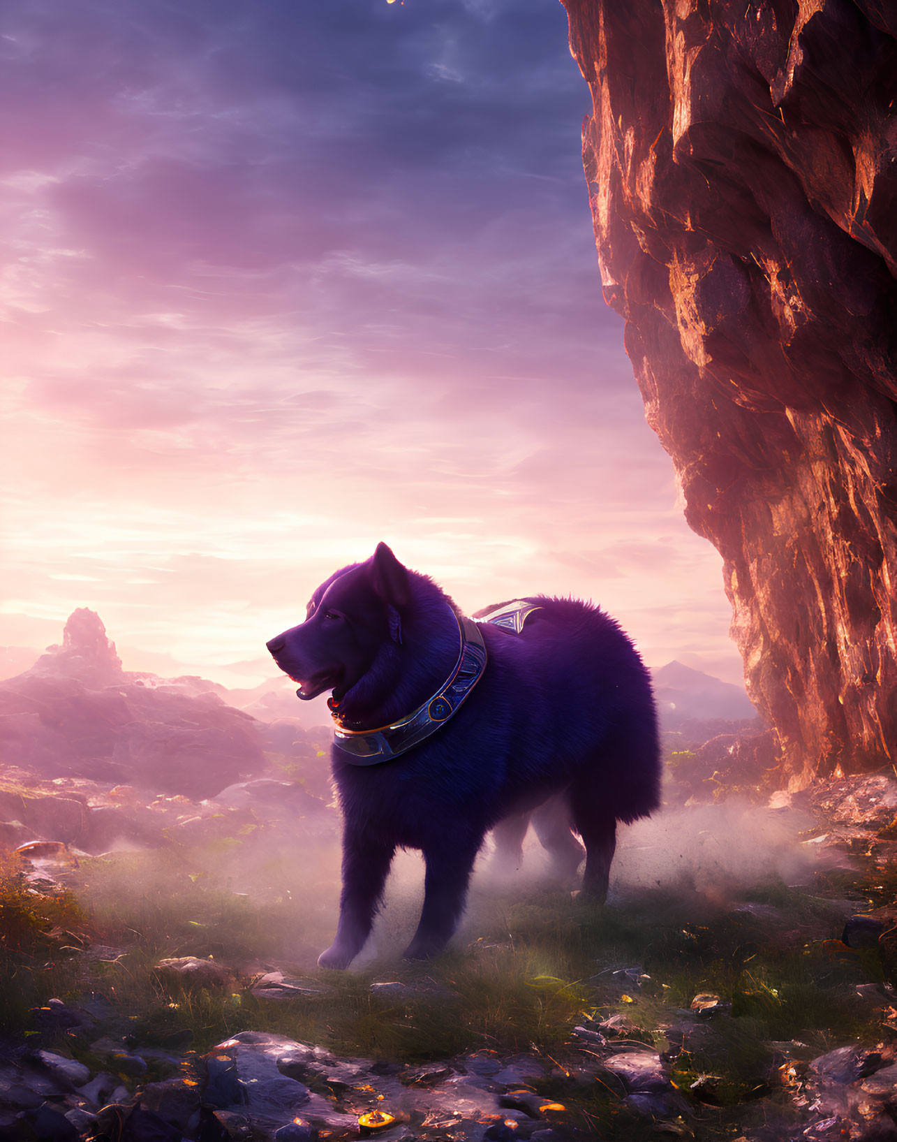 Majestic black wolf in fantasy landscape at sunset