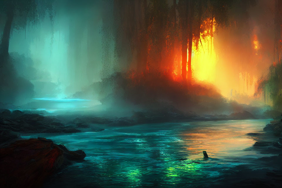 Enchanting forest scene with glowing river at sunset
