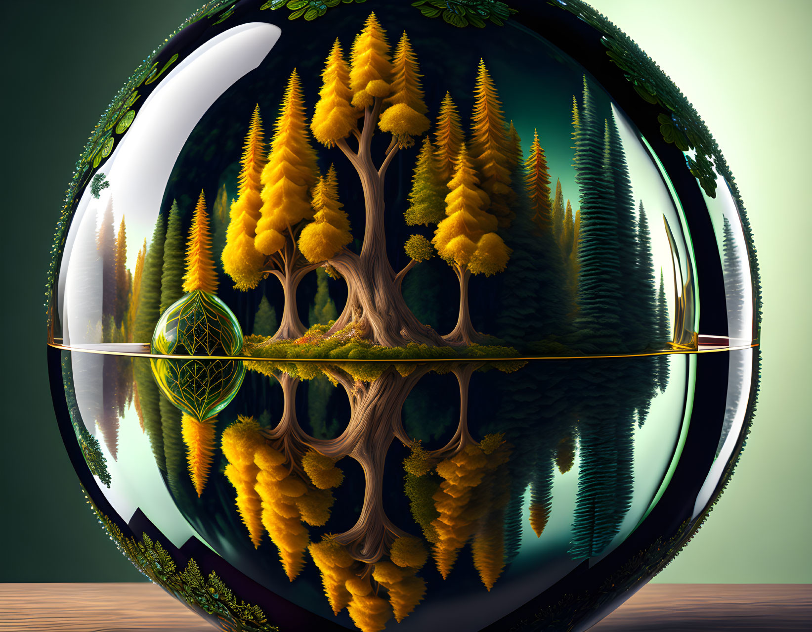 Surreal spherical artwork of mirrored forest with golden trees on wooden surface
