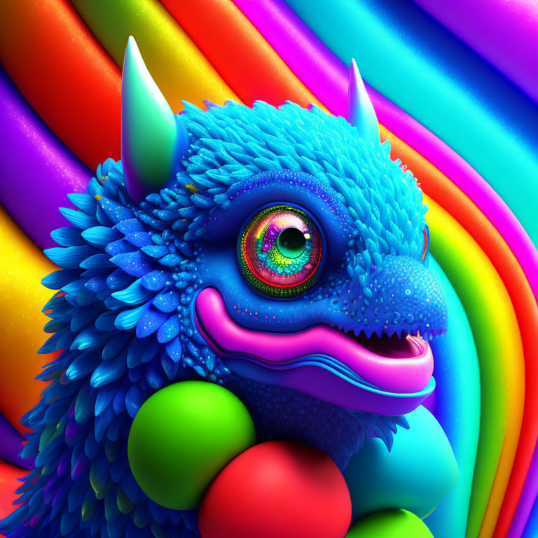 Colorful Creature with Blue Scales and Green Eyes on Rainbow Background