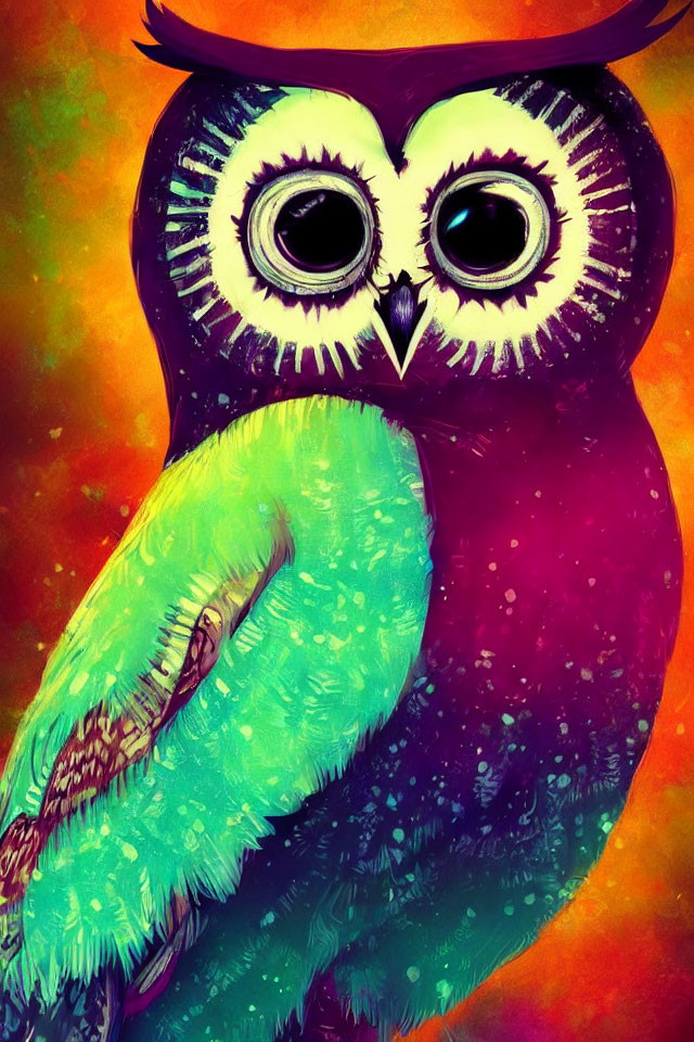 Colorful Owl Illustration with Large Eyes on Orange Background