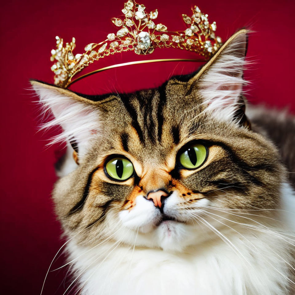Majestic Cat with Green Eyes in Golden Crown on Red Background