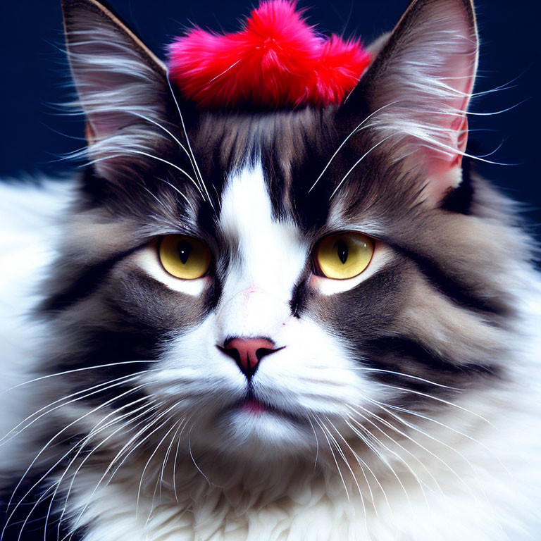 Maine Coon Cat with Yellow Eyes and Red Head Accessory on Dark Blue Background