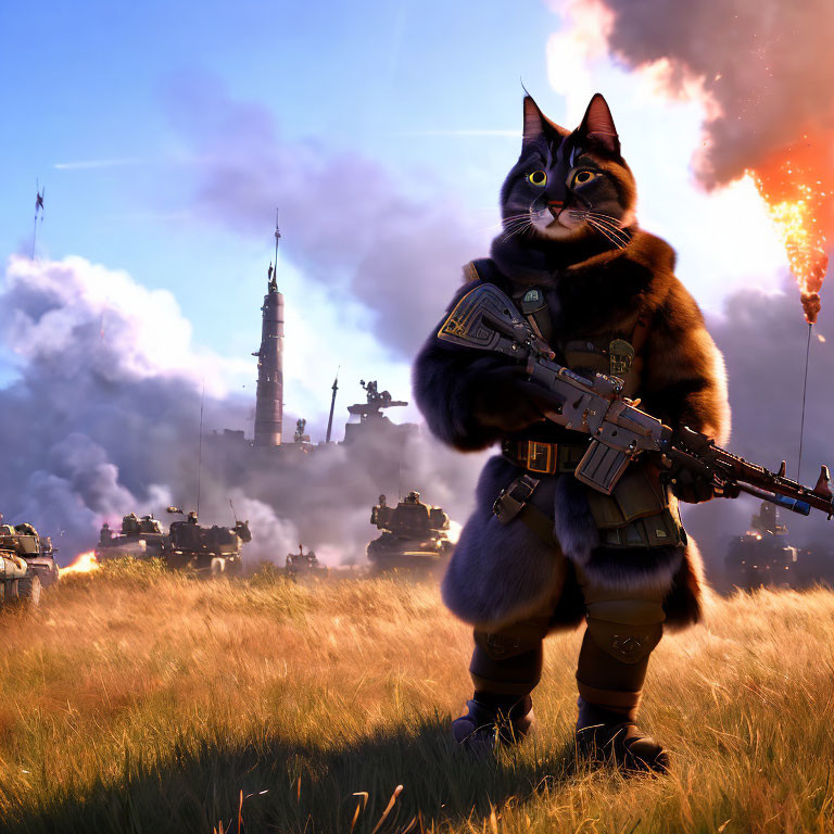 Anthropomorphic cat in military gear with tanks and rockets in a field