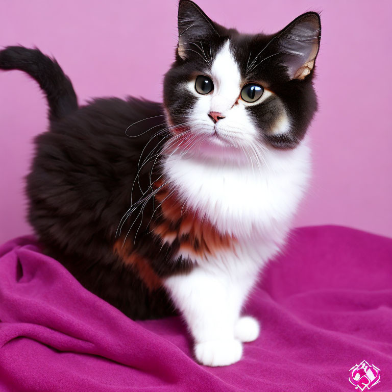 Fluffy Black and White Cat with Unique Facial Markings on Purple Fabric and Pink Background
