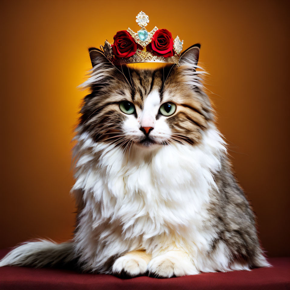 Regal fluffy cat with crown of red roses on warm orange background