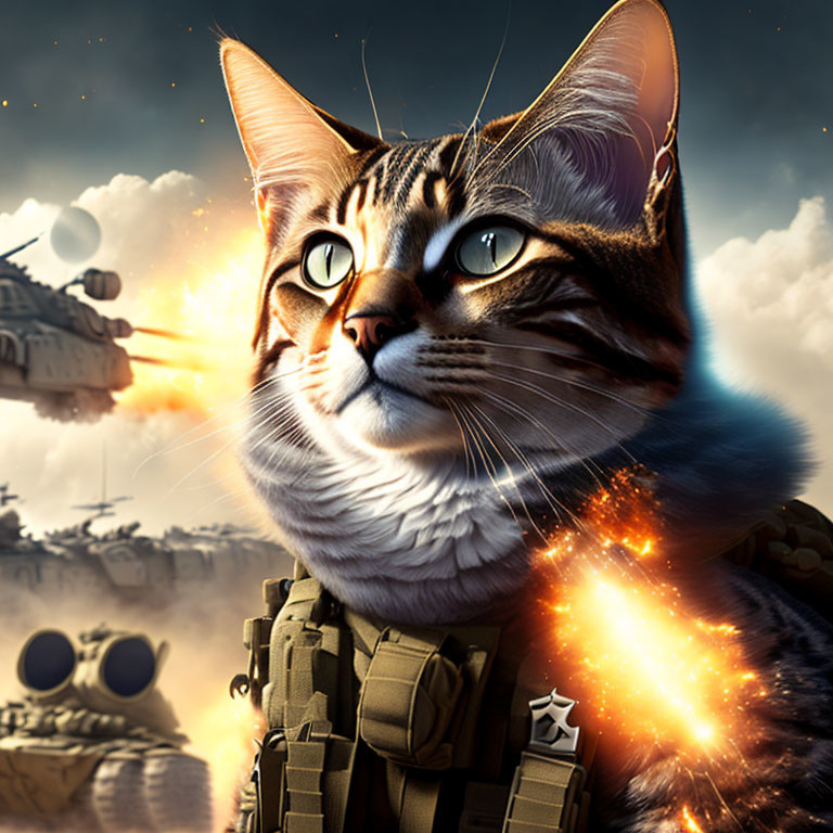 Detailed illustration of a cat in military gear with striking eyes in explosive futuristic scene