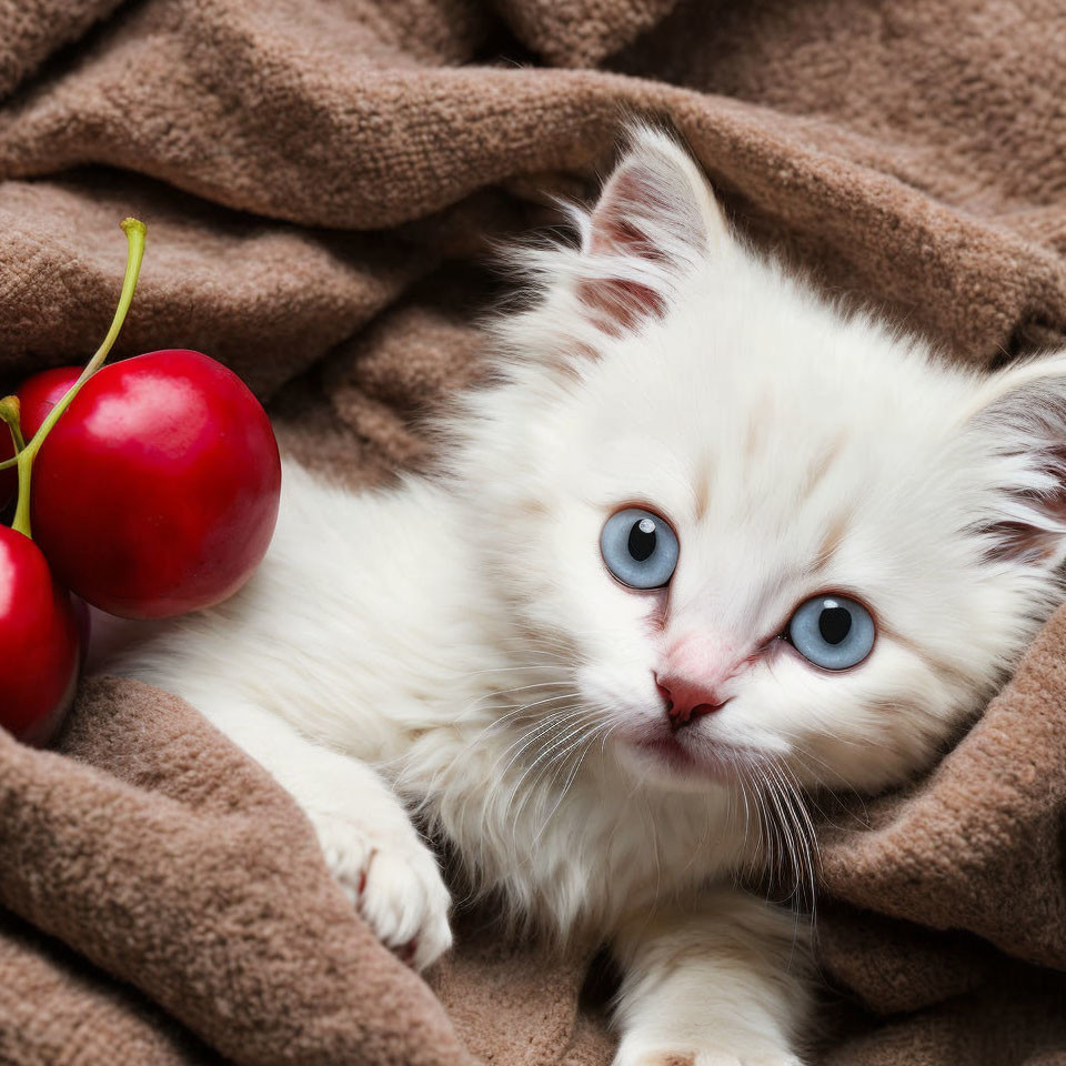 Adorable white kitten with blue eyes on brown blanket with cherries