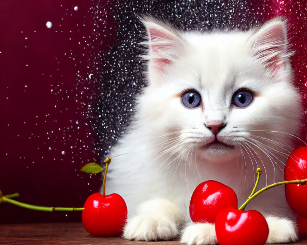 Fluffy white kitten with blue eyes near red cherries on purple background