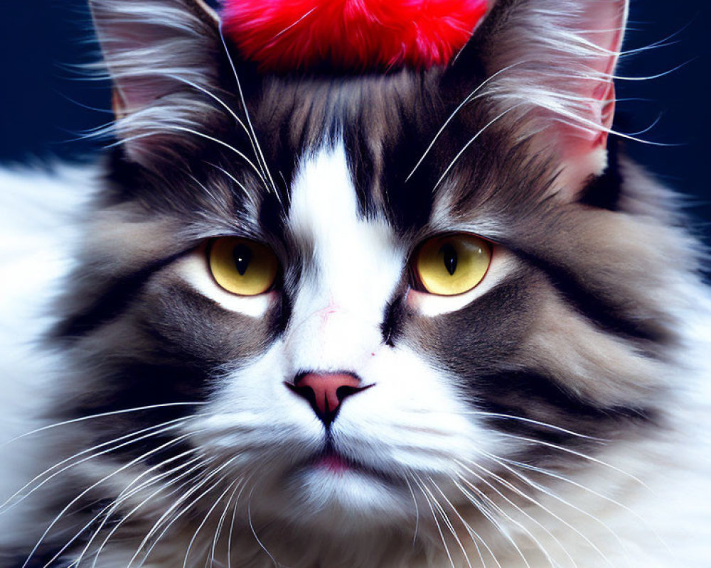 Maine Coon Cat with Yellow Eyes and Red Head Accessory on Dark Blue Background