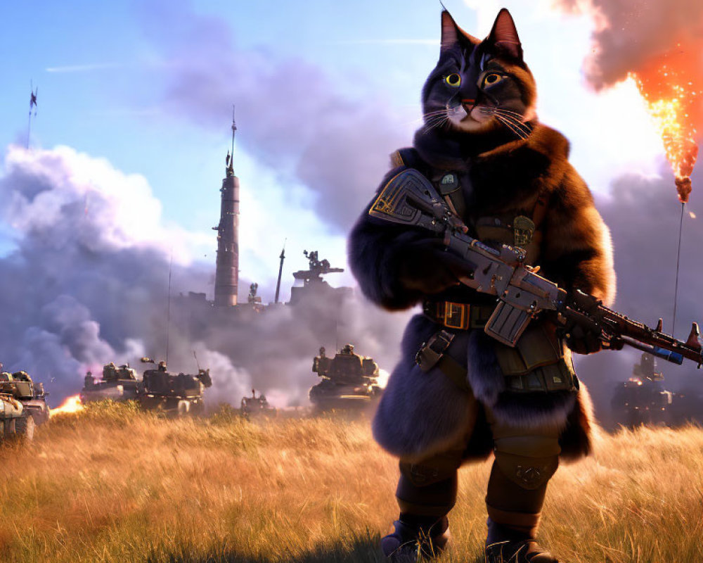 Anthropomorphic cat in military gear with tanks and rockets in a field