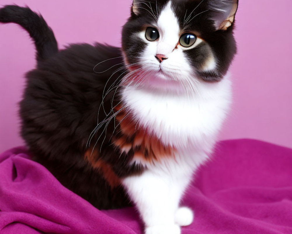 Fluffy Black and White Cat with Unique Facial Markings on Purple Fabric and Pink Background