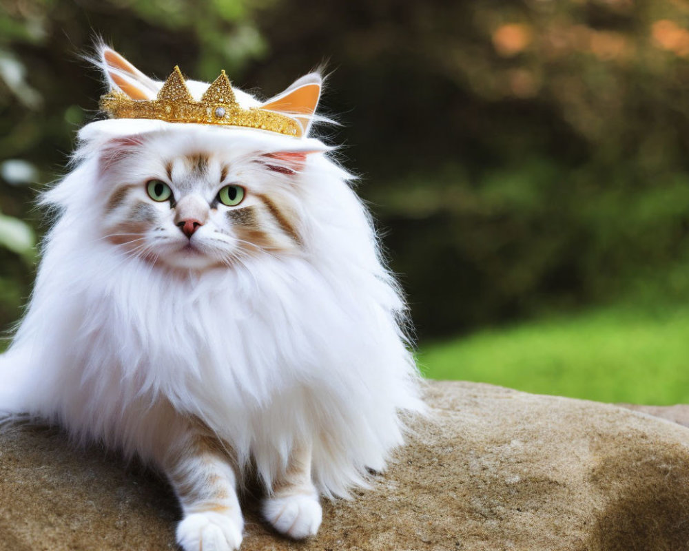 White Long-Haired Cat with Golden Crown on Rock with Green Foliage
