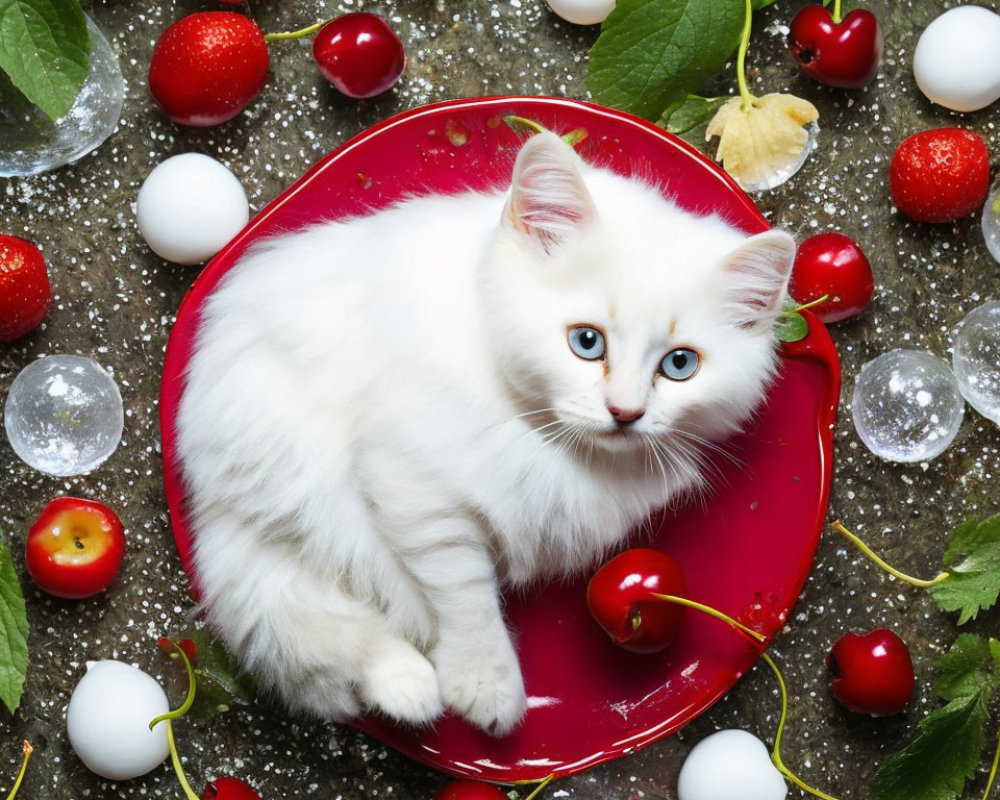 White Kitten with Blue Eyes on Red Plate with Cherries and Ice Cubes
