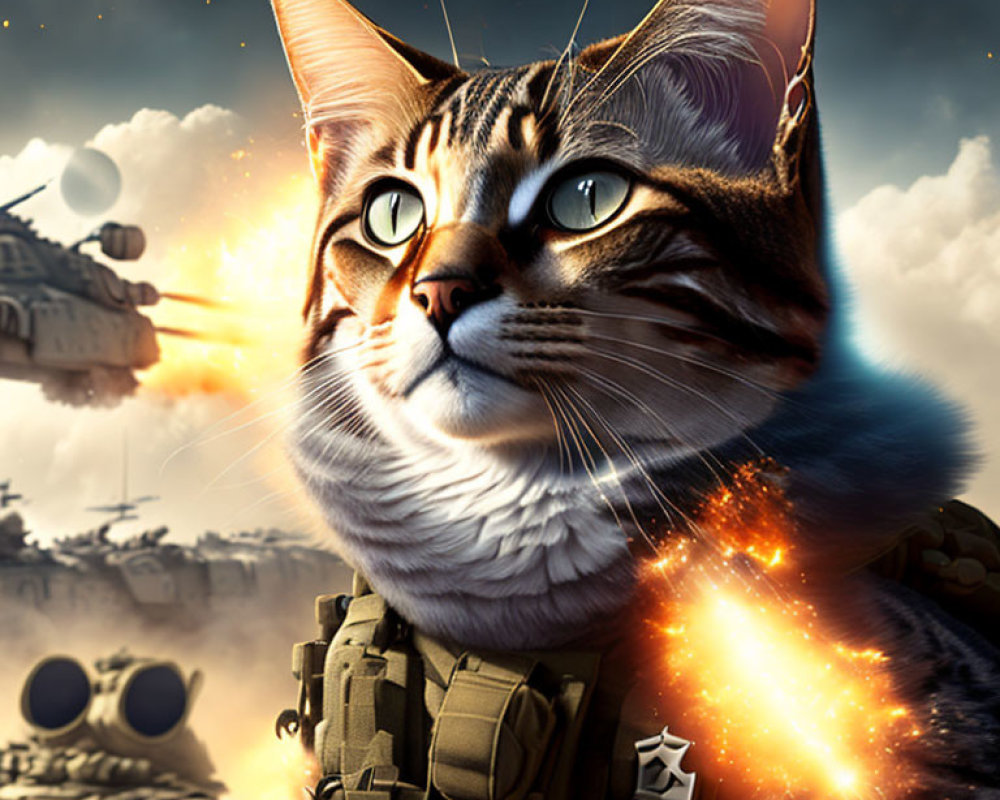 Detailed illustration of a cat in military gear with striking eyes in explosive futuristic scene