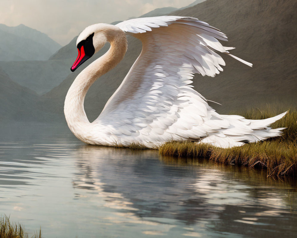 Majestic Swan with Outstretched Wings in Mountain Lake Setting