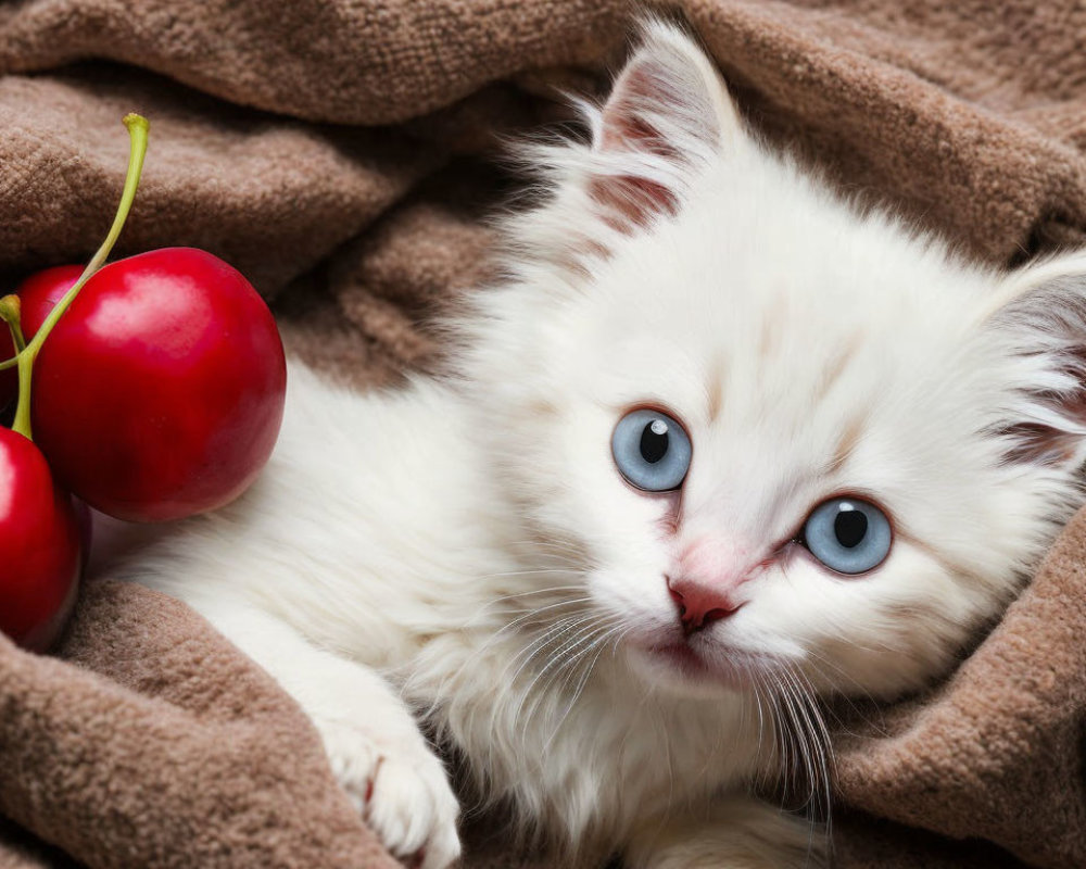 Adorable white kitten with blue eyes on brown blanket with cherries