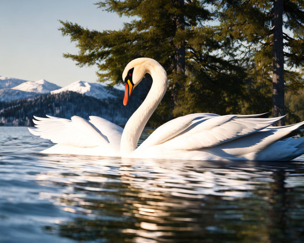 Graceful Swan Gliding on Serene Lake with Snowy Mountains and Pine Trees