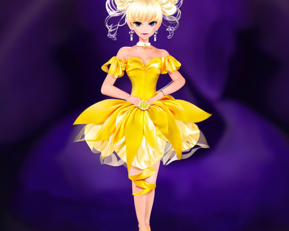 Blonde-haired animated character in yellow dress on purple background