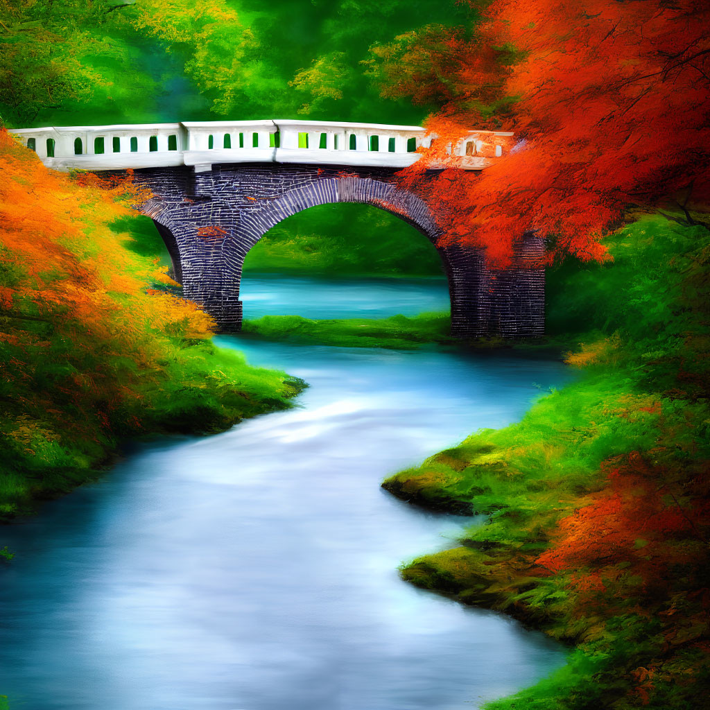 Stone bridge over blue river surrounded by autumn foliage