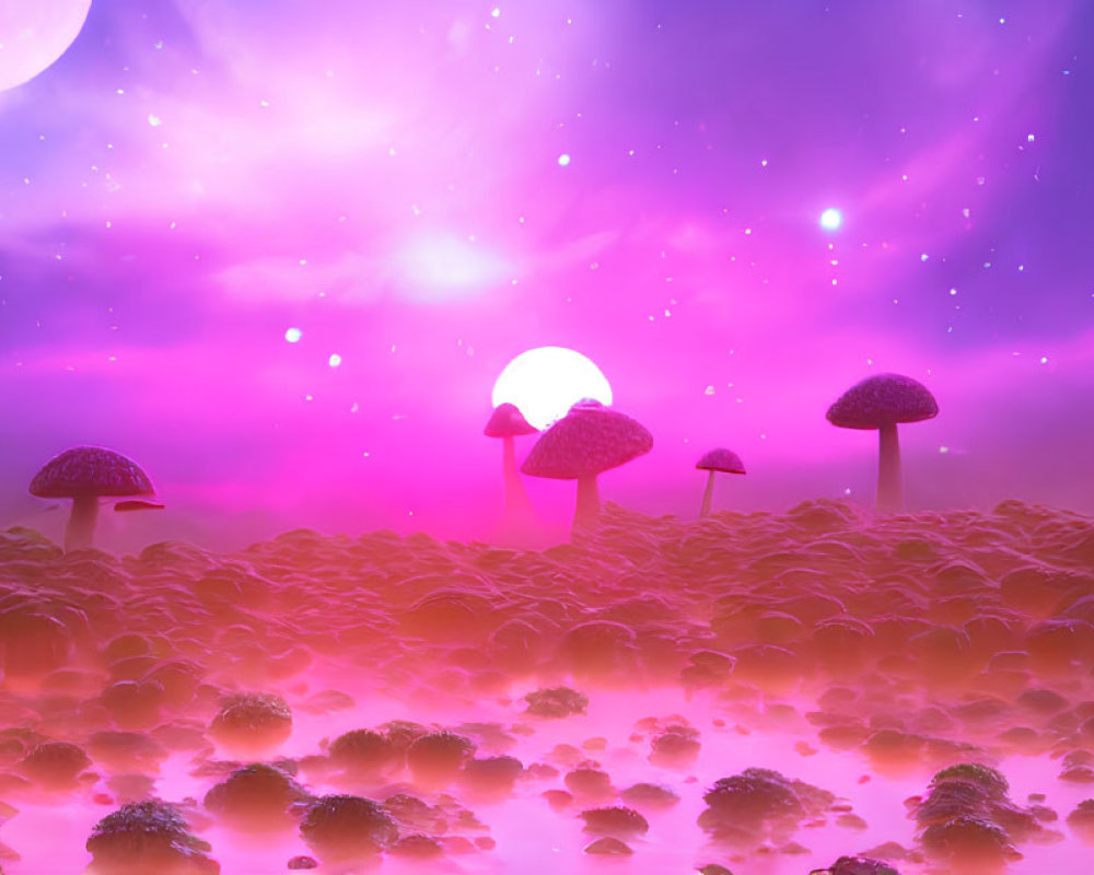 Fantastical Mushroom Field Under Glowing Skies