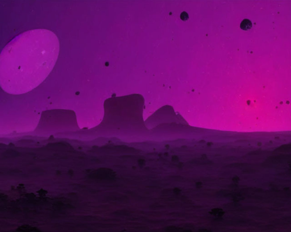 Surreal purple landscape with strange rock formations under starry sky
