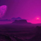 Surreal purple landscape with strange rock formations under starry sky