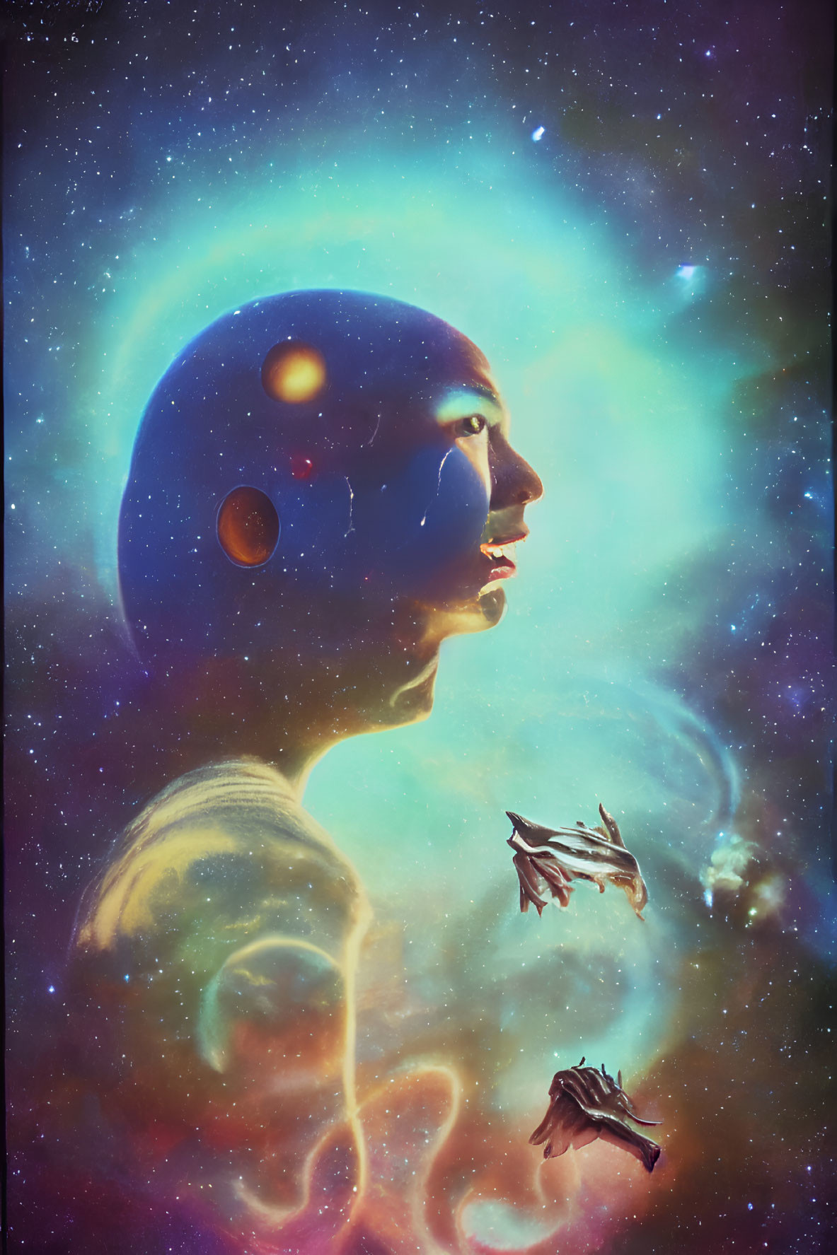 Surreal illustration of person with transparent head filled with stars and planets