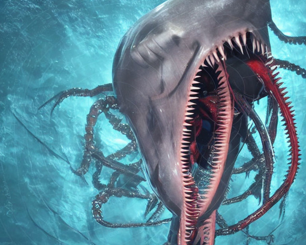 Monstrous shark-like creature with sharp teeth and tentacles in murky ocean