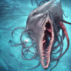 Monstrous shark-like creature with sharp teeth and tentacles in murky ocean