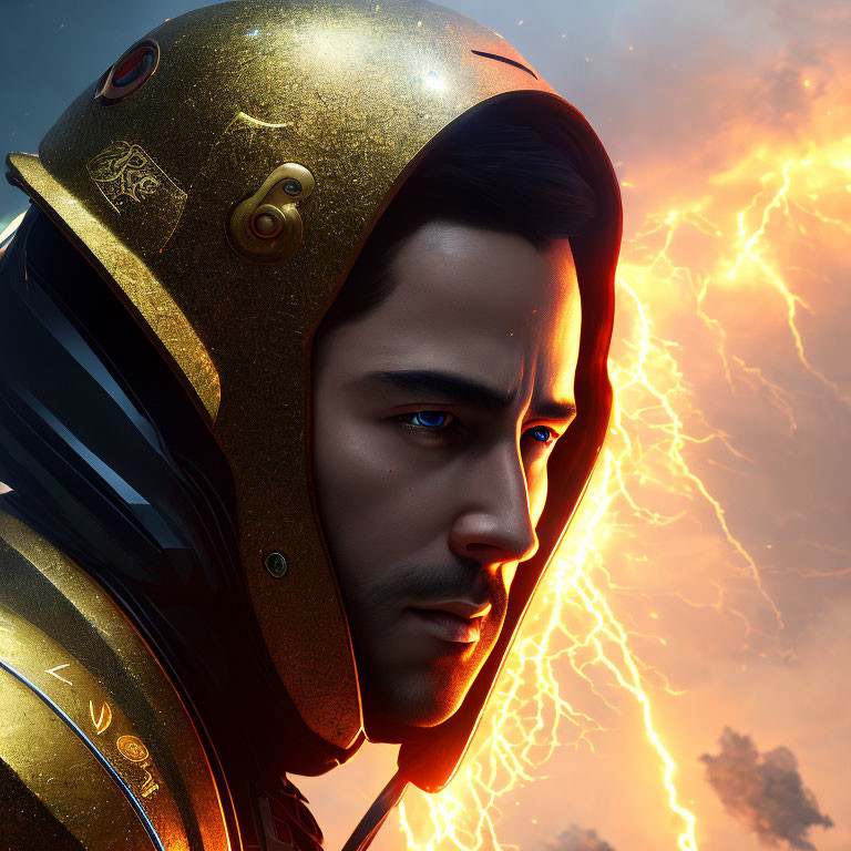 Futuristic man in detailed golden helmet under stormy skies