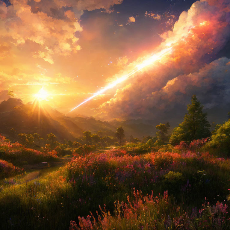 Colorful sunset landscape with comet over mountainous terrain