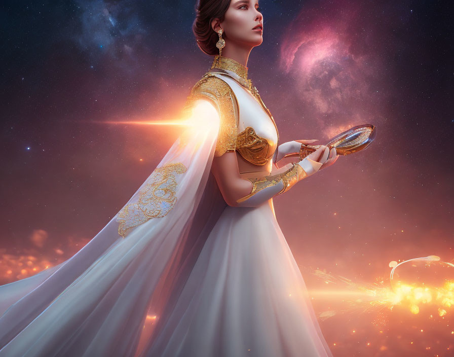 Regal woman in white and gold dress with glowing mirror against cosmic backdrop