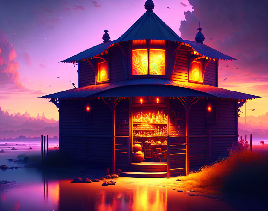 Digital Art: Glowing Wooden Cabin at Twilight with Purple Pink Sky