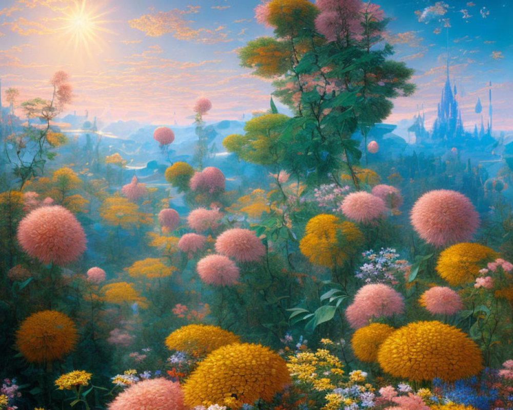 Fantasy landscape with oversized flowers, distant castle, and starry sky at sunrise