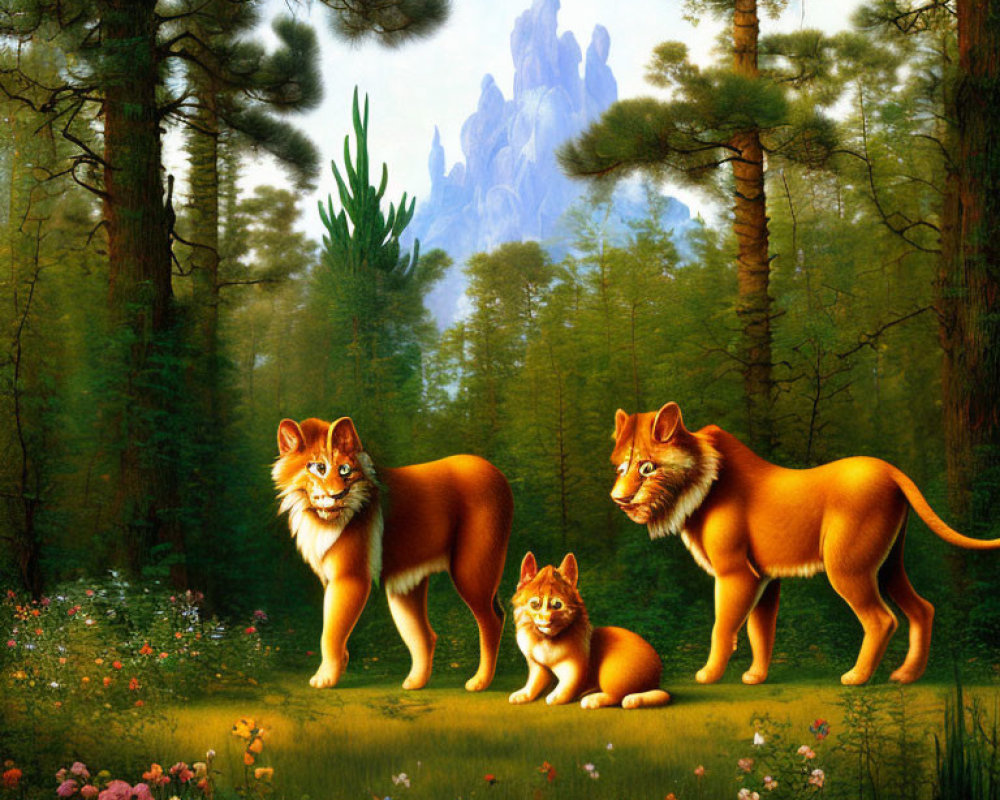 Stylized lion-like creatures in lush forest with mystical mountain