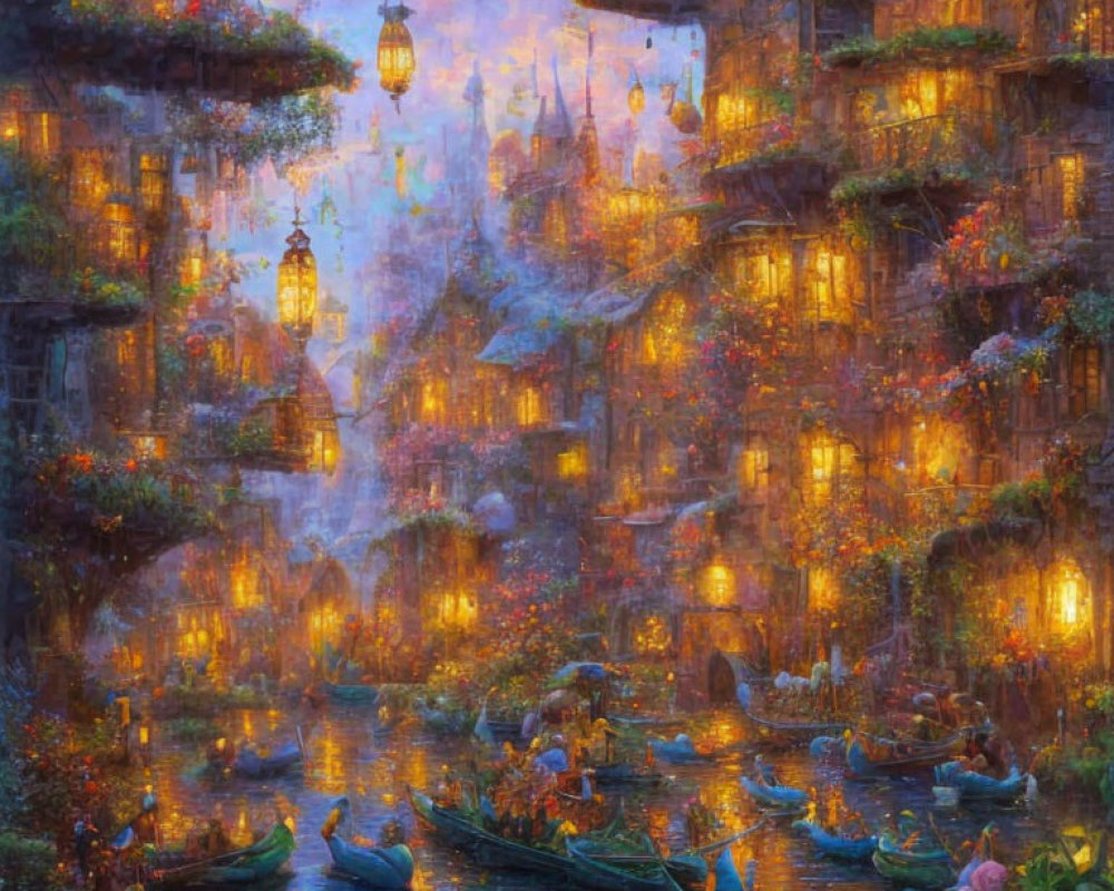 Luminous fantasy village with floating lanterns and wooden homes