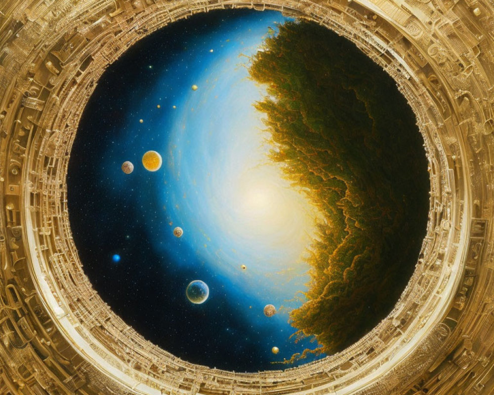 Golden circular frame with cosmic view of planets, stars, nebula, and forest edge