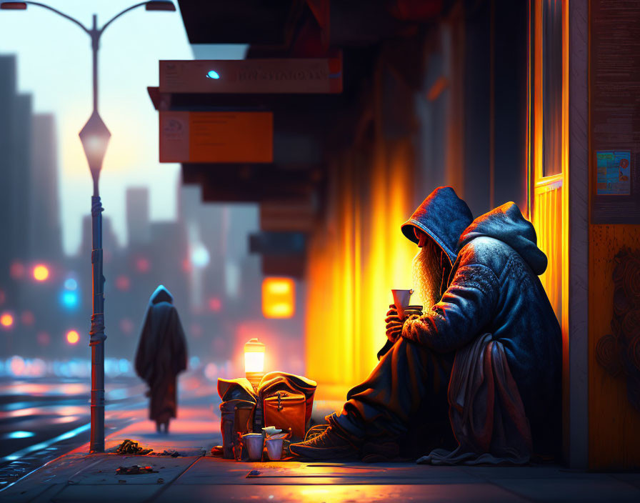Hooded figure sitting by storefront at dusk with warm city lights in background