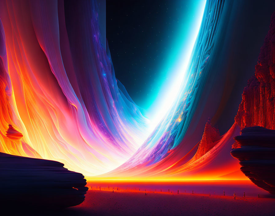 Fantastical canyon digital artwork with neon light stream