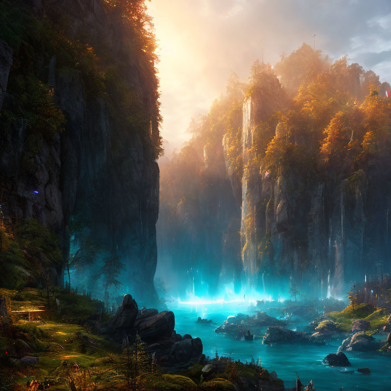 Majestic waterfalls and ethereal blue light in lush sunrise landscape