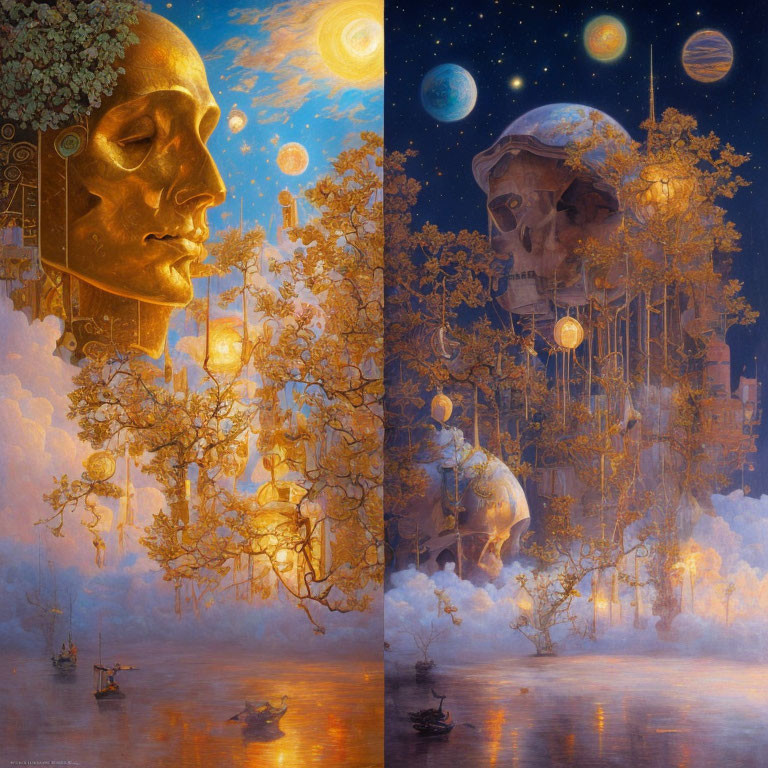 Split fantasy artwork: Giant celestial faces, glowing lanterns, misty water, boats, cosmic trees