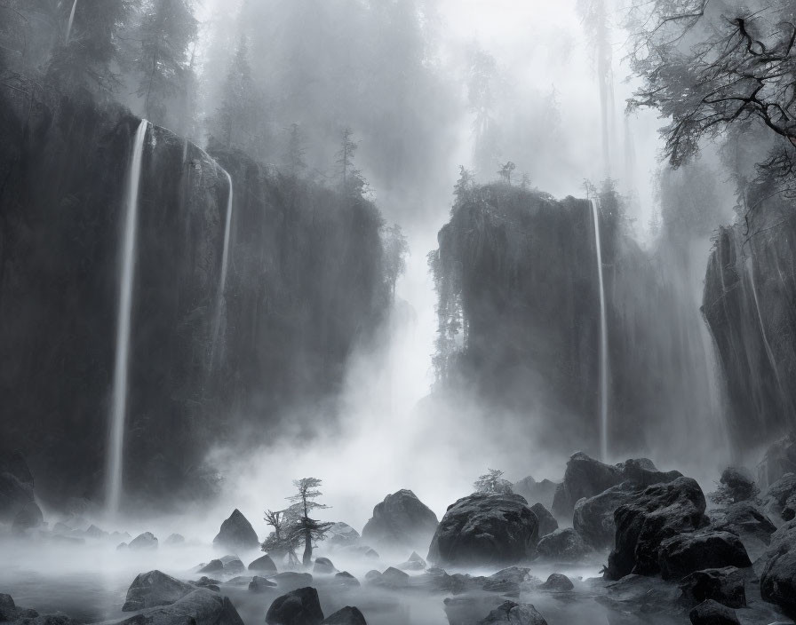 Nature scene: misty waterfall, cascading into rock-strewn pool with lone tree in fog