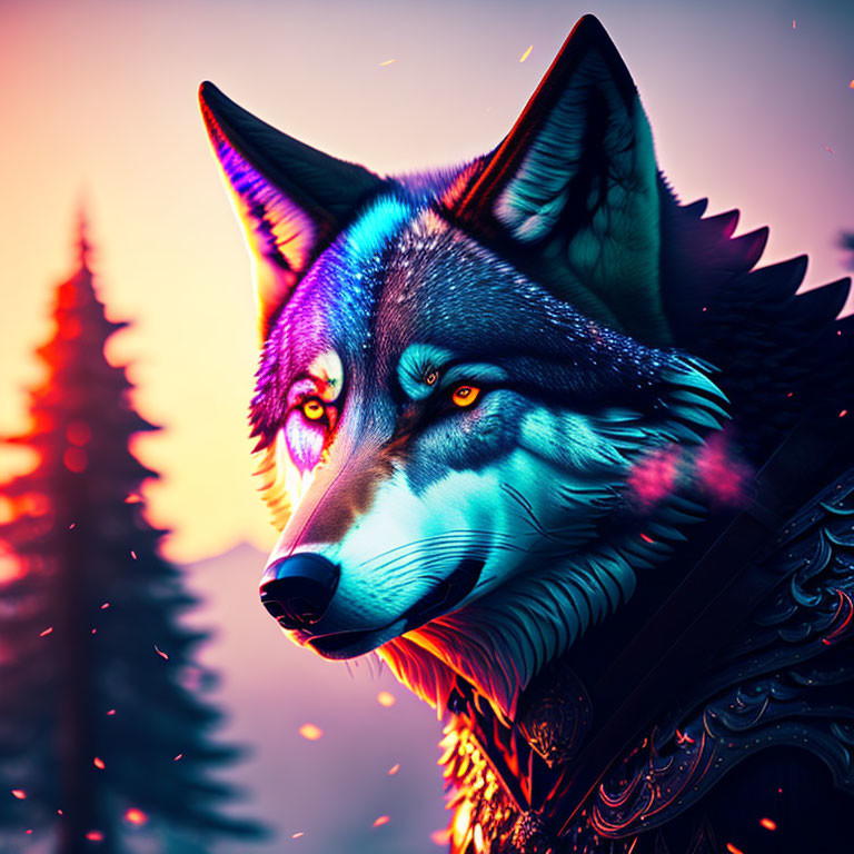 Stylized wolf digital art in vibrant blue and purple hues