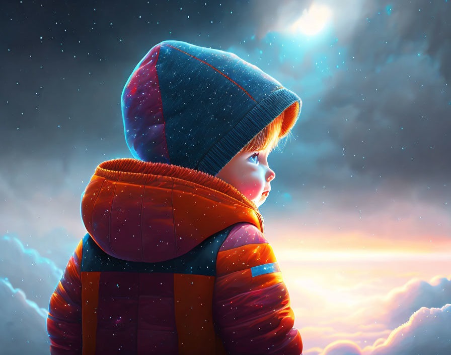 Child in starry hood gazes at illuminated starlit sky