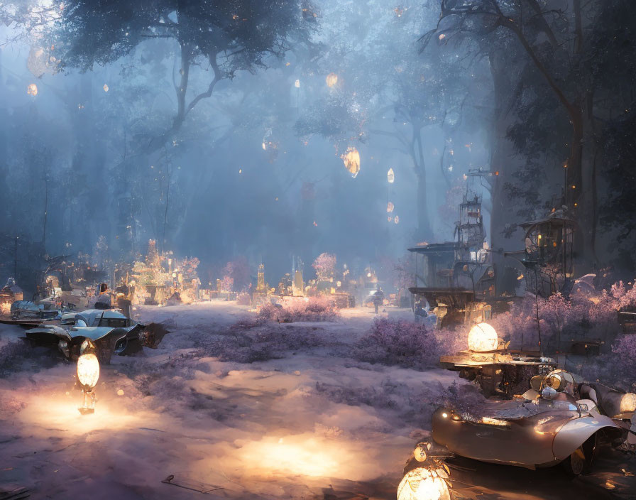 Vintage cars and lanterns in enchanted forest glade with purple haze and floating lights.