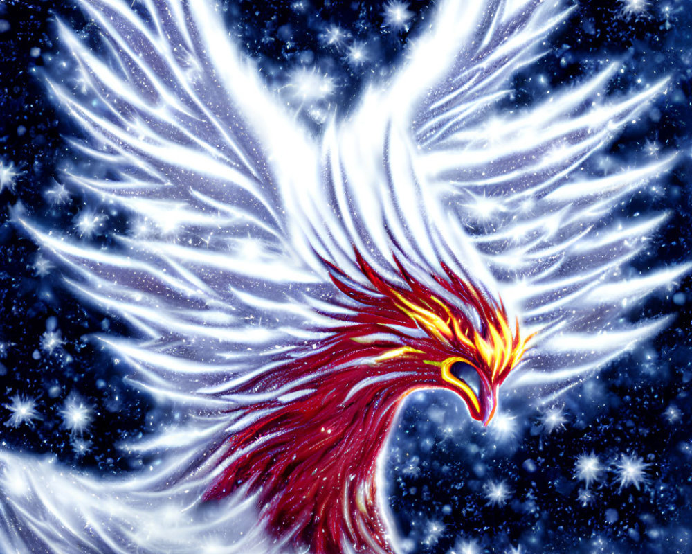 Majestic red and gold phoenix with white wings in starry sky